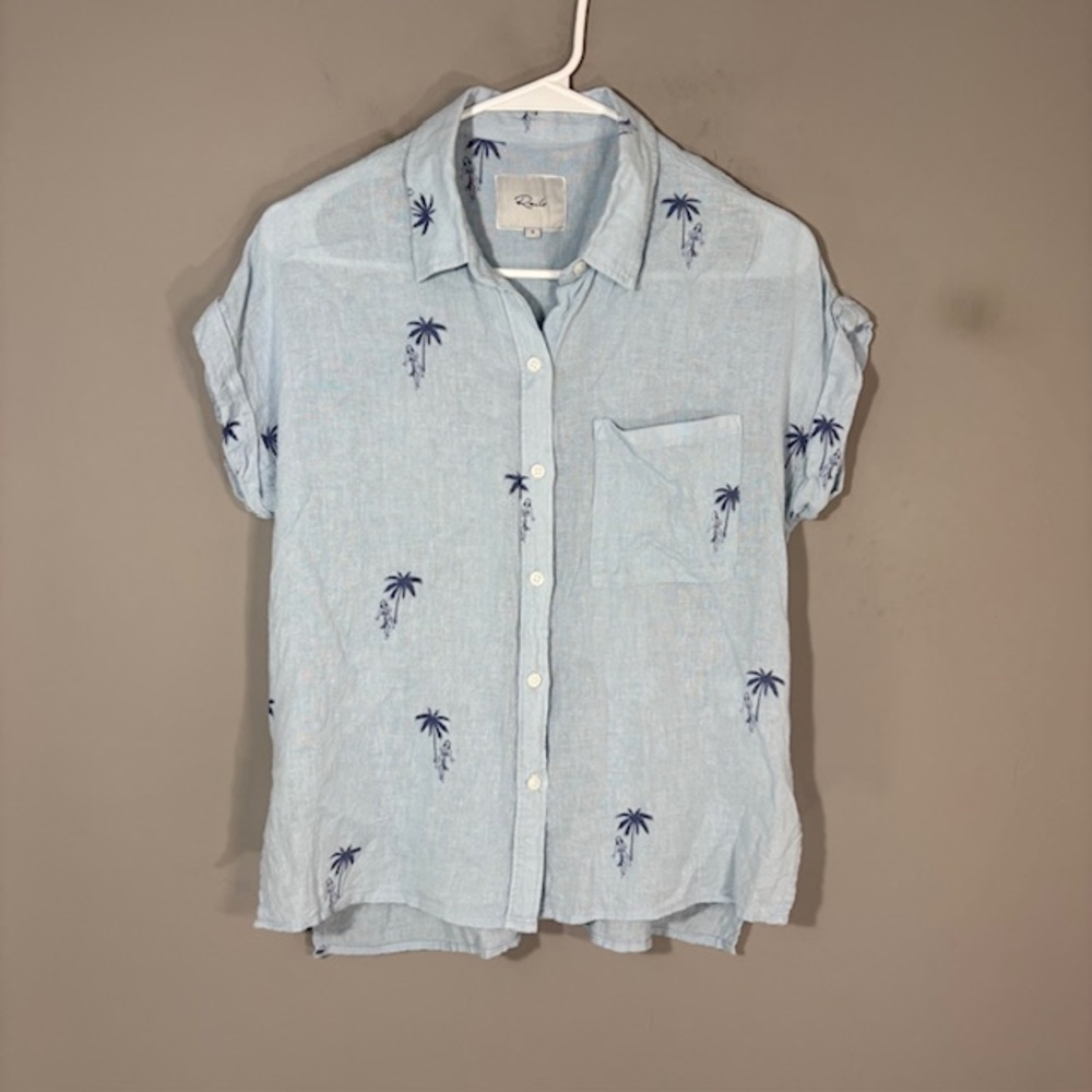 Rails Shirt Womens Small Blue Linen Rayon Palm Tree Whitney Luau Button Top